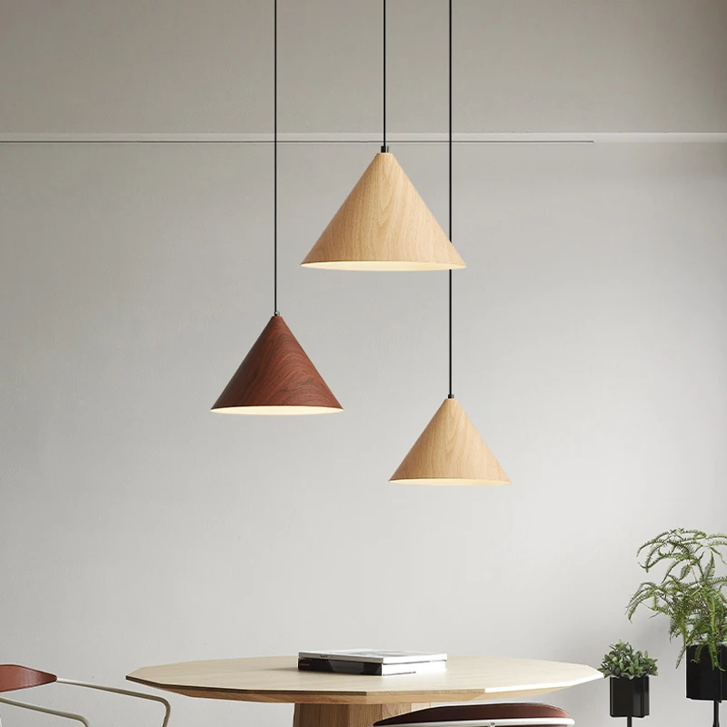 Nordic LED Wooden Lampshade Pendant Lamp Multi Head Dining Table Hanging Light Kitchen Living Room Retro Log Color Hanging Lamp