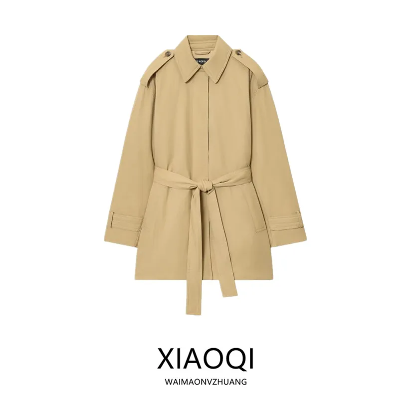 

Новинка 2025, осеннее женское пальто-ветровка Faion с пришитым поясом, универсальное длинное све, средней длины, чистый цвет