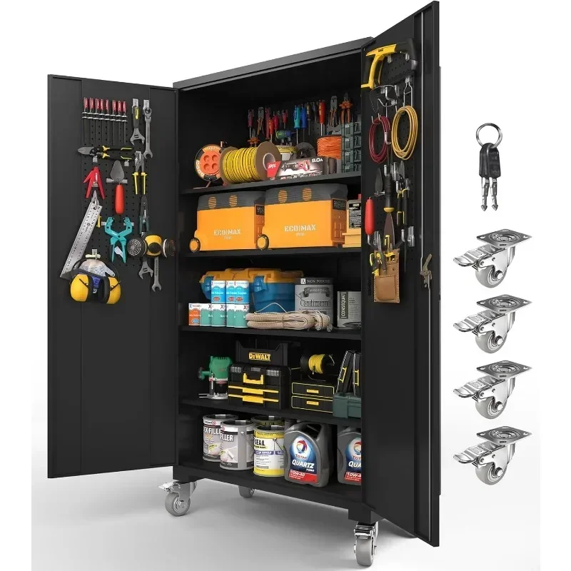 Upgraded Tall&Wide Metal Storage Cabinet with Doors & Adjustable Shelves | Heavy-Duty Black Lockable Garage Cabinet with Wheels