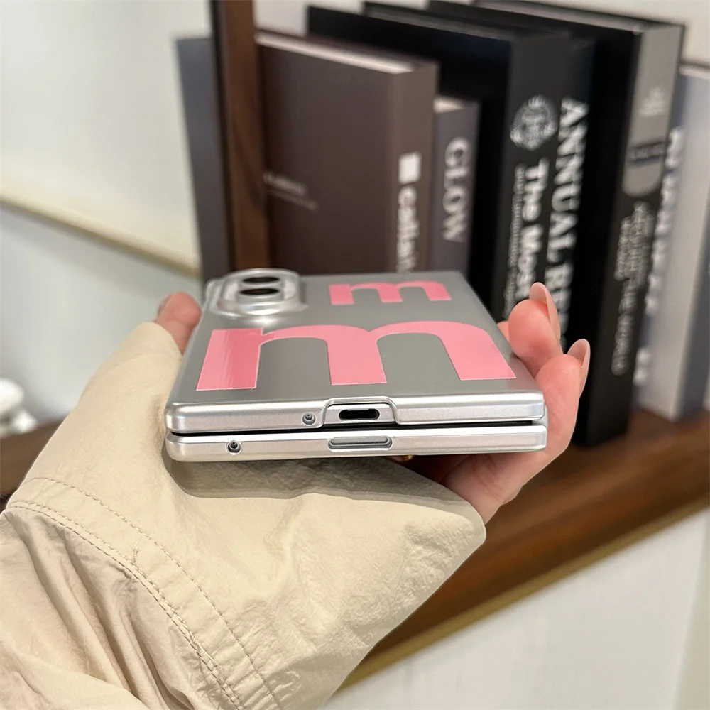 Fashion Pink Letter M Phone Case For Samsung Galaxy Z Fold 8 Ultra Silver Metallic Surface Hinge Protective Cover Charm Women