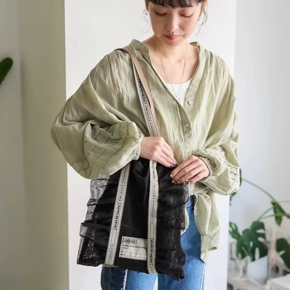 Niche Transparent Mesh Ruffled One-shoulder Drawstring Embroidered Letter Fashion Storage Bag