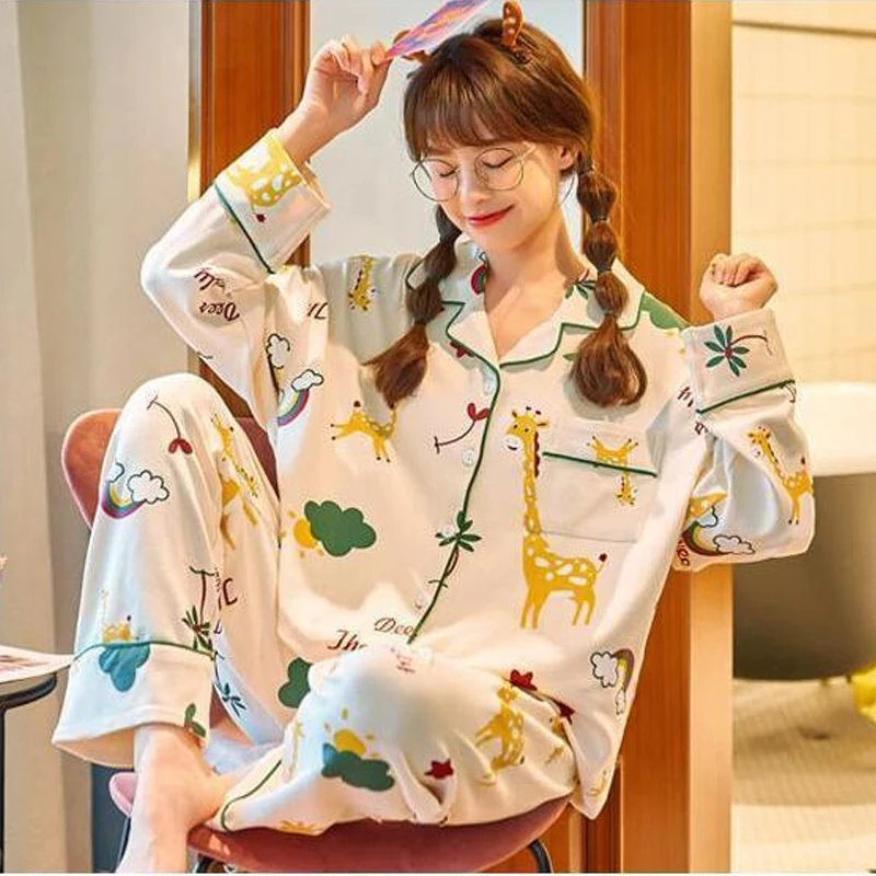 Spring Women Cute Pajamas Set Cartoon Soft Cotton Loungewear Turn-Down Collar Long-Sleeve Pants Sleepwear Girls Sweet Home Suit