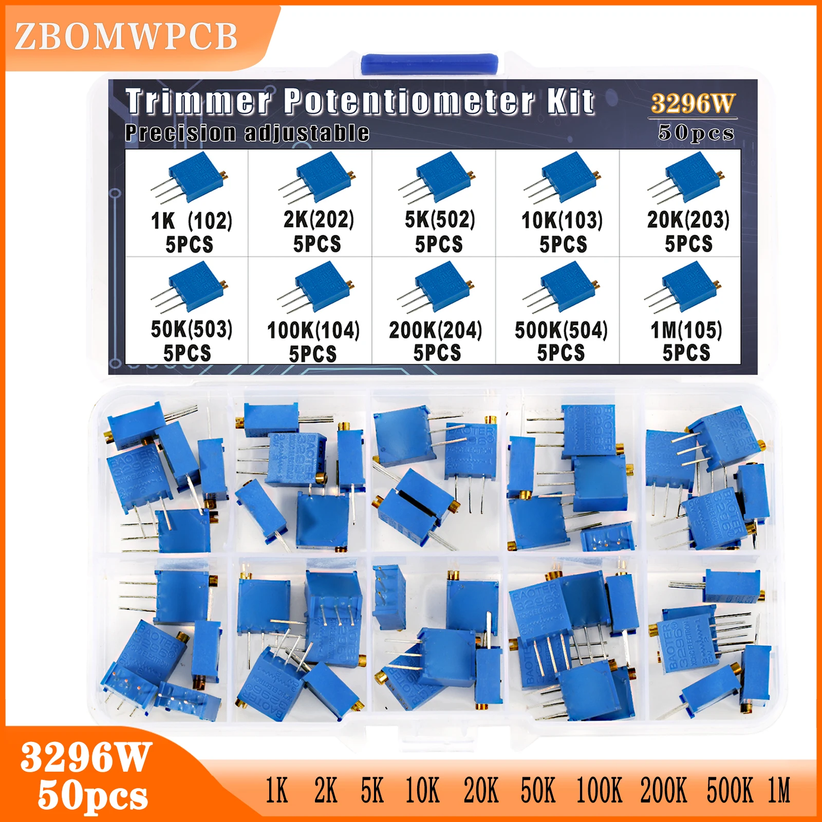 

50pcs Multiturn Trimmer Potentiometer Kit 3296W Precision Adjustable Variable Resistance Potentiometers 1K 10K 100K 1M 50R 100R
