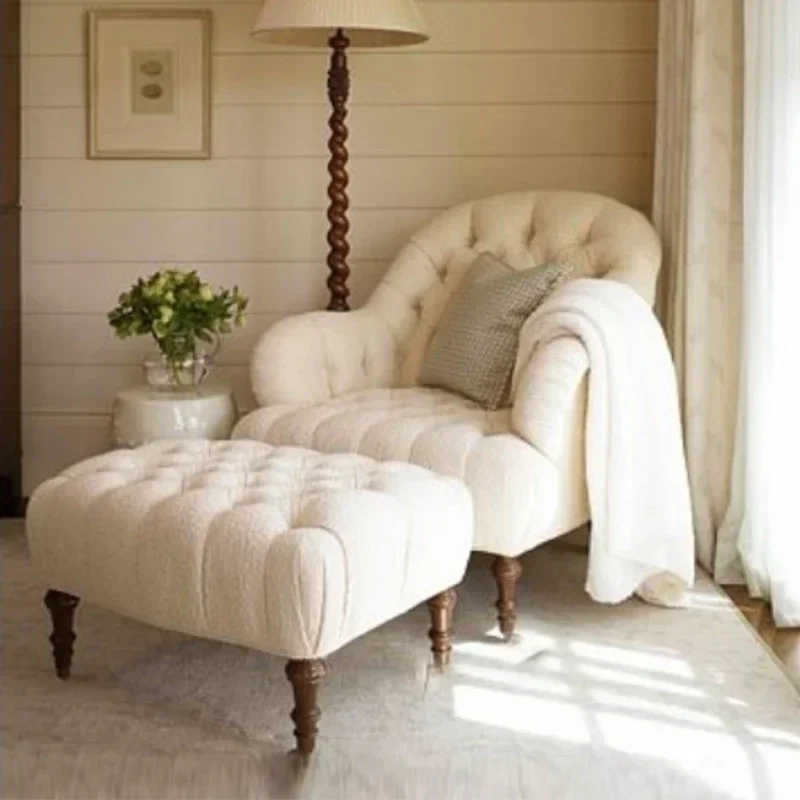 Button solid wood neoclassical combination living room cotton and linen foot stool flannel bedroom leisure chair tiger chair ba