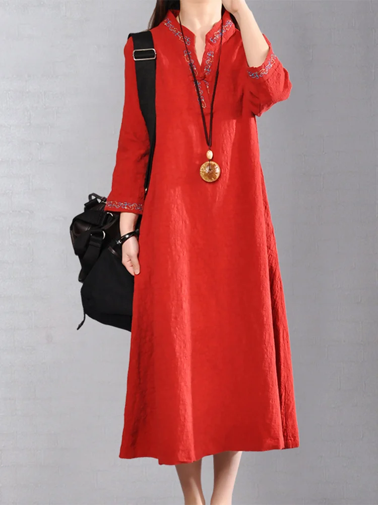 

Женское хлопково-льняное платье с v-образным вырезом и вышивкой на пуговицах, весенний сезон, длинное платье трапециевидной формы Sve, этнический дизайн со свободной талией