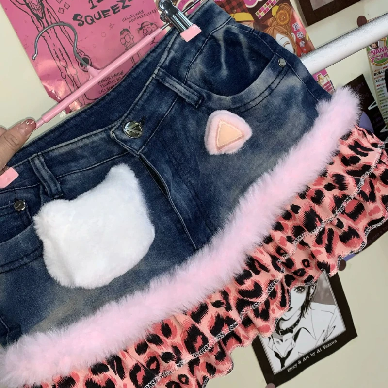 Y2K Vintage Retro Hot Girl Denim Low-Waist Skirts Leopard Cute  Low Waist Patchwork Mini Skirt Gothic Grunge Chic Fur Clothes