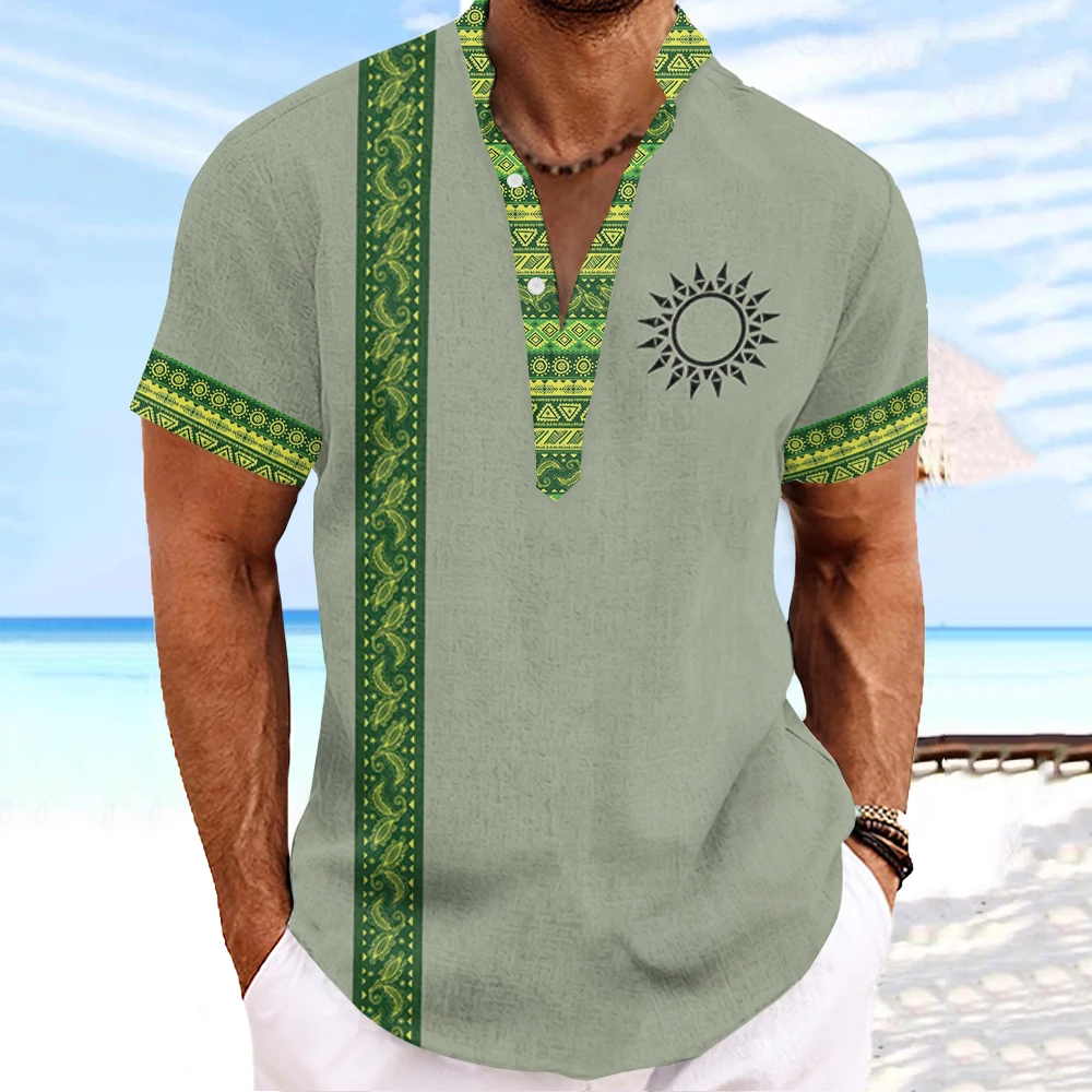 Vintage Henley Men T-Shirt Ethnic Streetwear For Male 3d Tribal Style Clothing Oversized Short Sleeve Top Summer Hawaiian Shirts