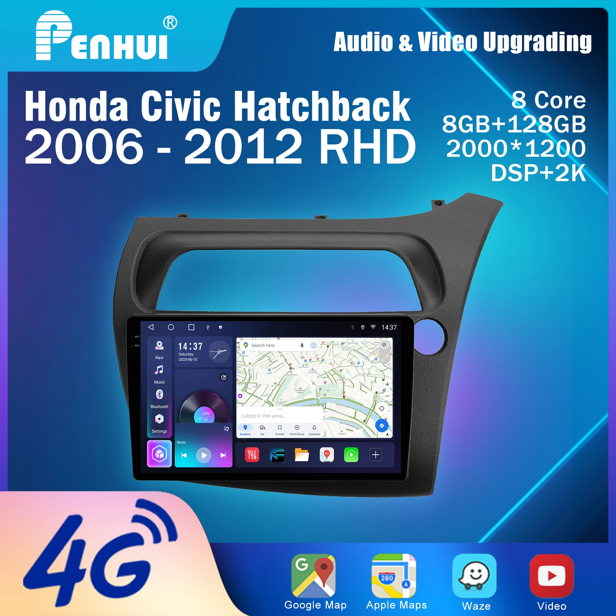 Penhui Android Car DVD Player 2 Din for Honda Civic Hatchback 2006-2012 RHD Multimedia Screen with DSP, Bluetooth, Audio,CarPlay