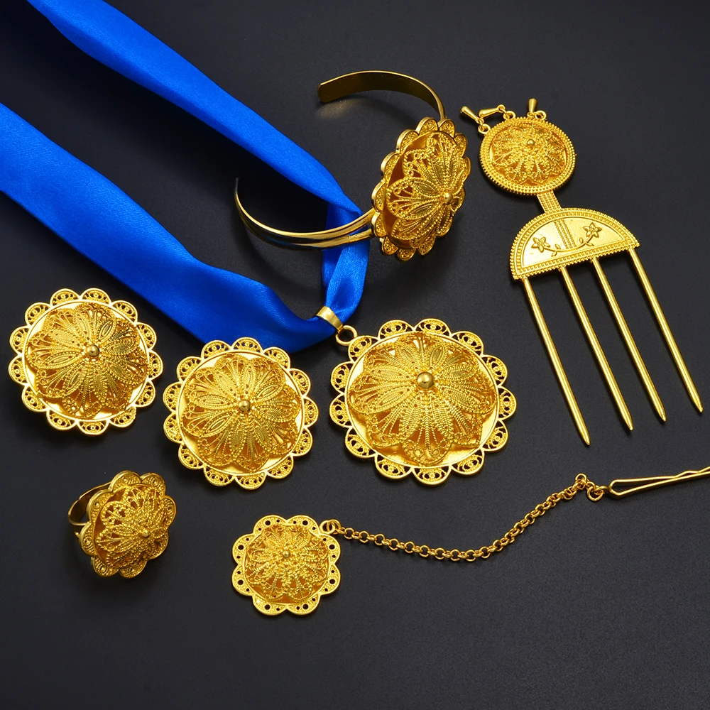 Anniyo Ethiopian Jewelry sets Necklace Earrings Ring Hairpin Forehead Chain Bracelet Eritrean African Ethnic Bridal #314206