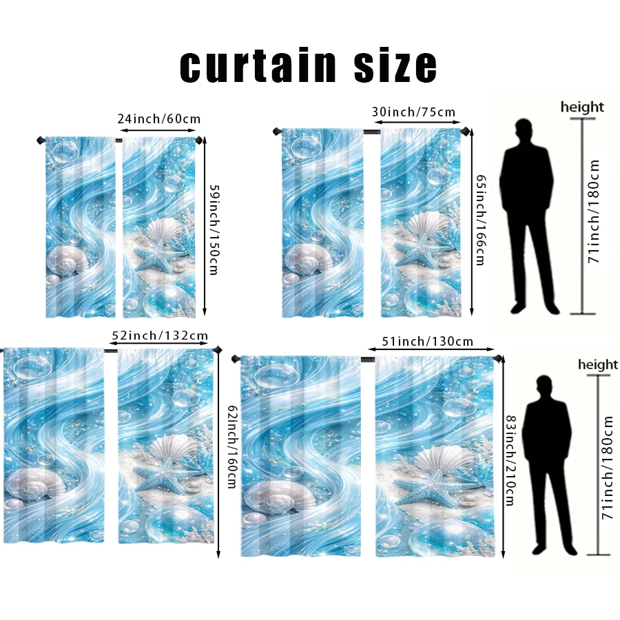 2PCS Blue Flowing Pearl Shell Pattern Printed Curtain with Rod Bag Design, Suitable for Bedroom and Living Room