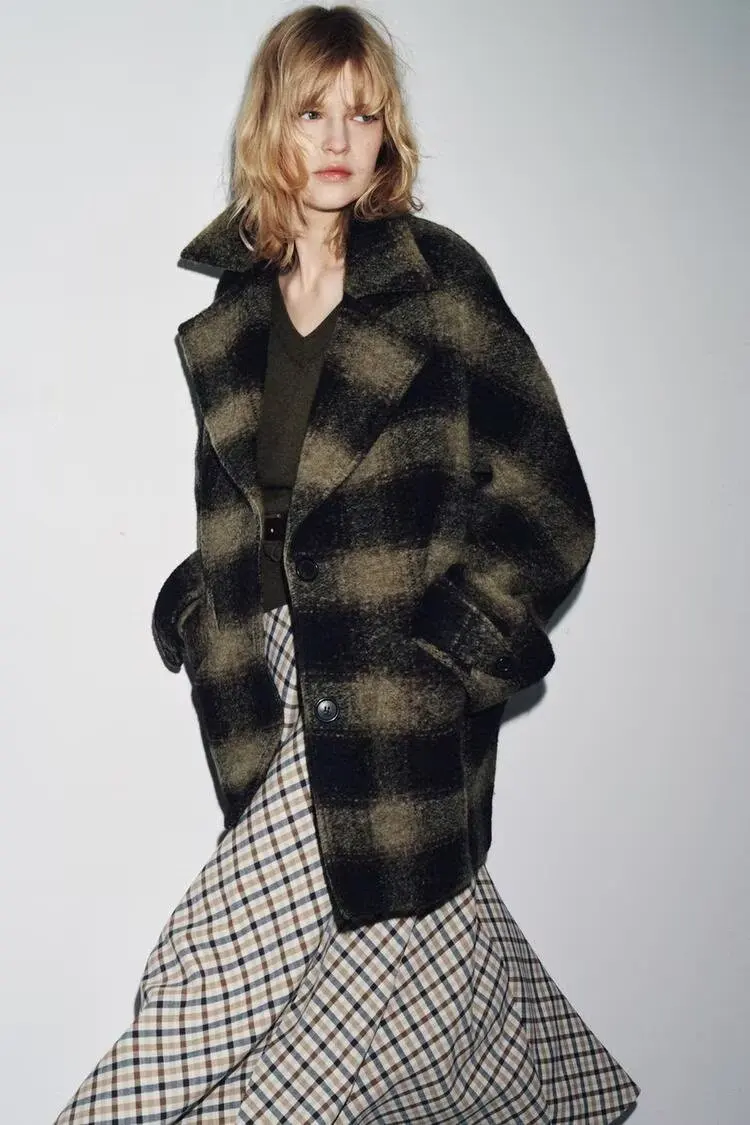 Elegancki płaszcz damski z wełny w kratę z klapami, jednorzędowy, z długim rękawem, z kieszeniami, luźny płaszcz wierzchni, damski płaszcz jesieni do pracy i na ulicę.