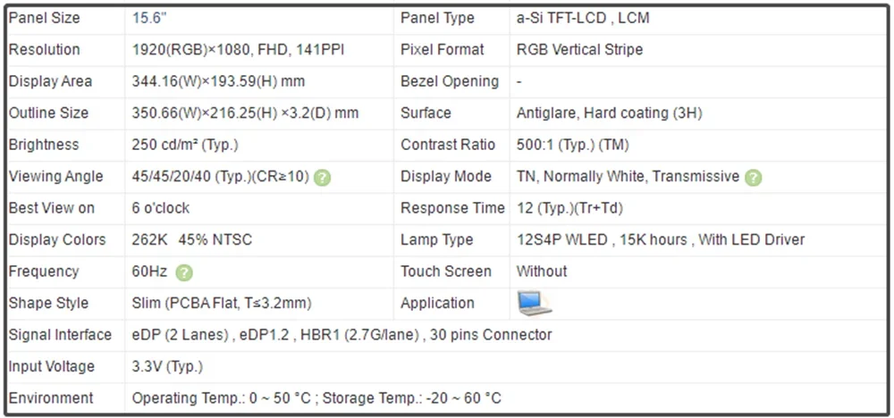 15.6 Inch LCD Screen Laptop Panel EDP 30Pins FHD 1920x1080 60Hz Slim NT156FHM-N63 NT156FHM N63