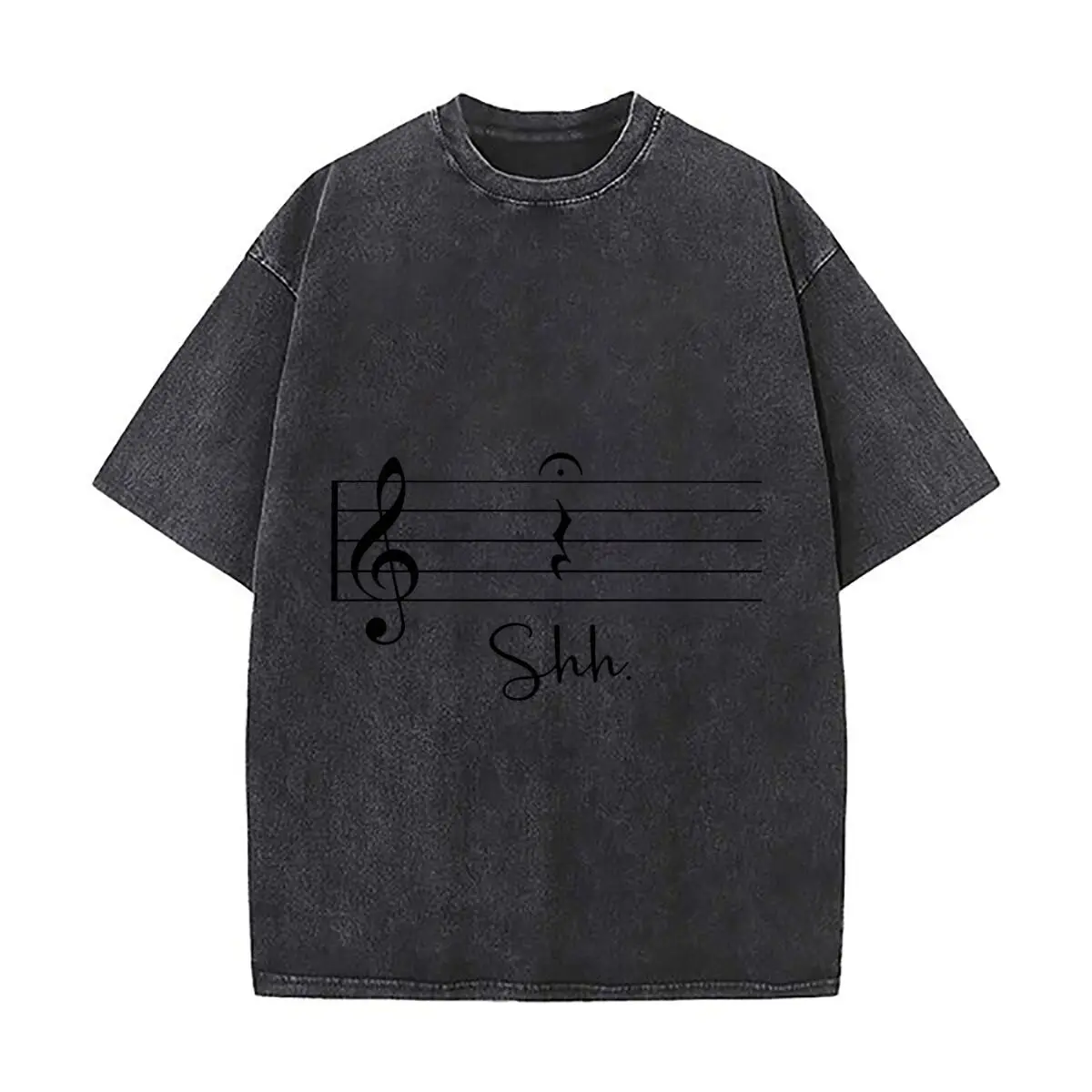 Shh Music Notes Staff Treble Clef Graphic Washed Distressed Loose Streetwear Tops for City Walks