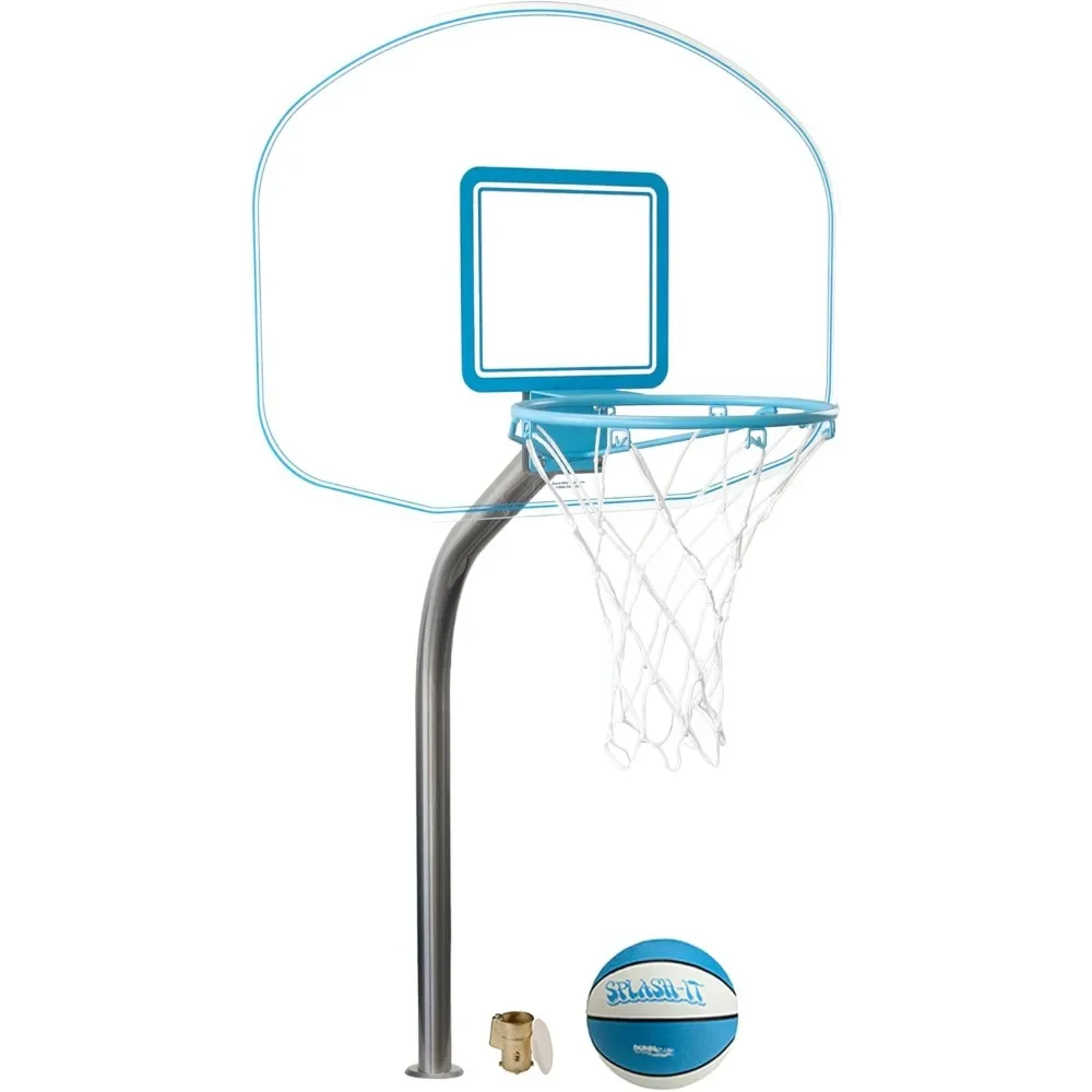 Aro de baloncesto junto a la piscina montado en cubierta, ancla de latón de 2 y 3/8 "con tapa, borde de acero inoxidable de 14 pulgadas, soportes de baloncesto