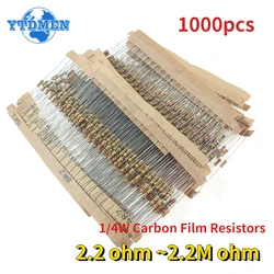 1000pcs 1/4W Resistors Assorted Kit 0.25W Carbon Film Resistance Set 2.2 Ohm ~2.2M Ohm 50 Kinds Resistor Set