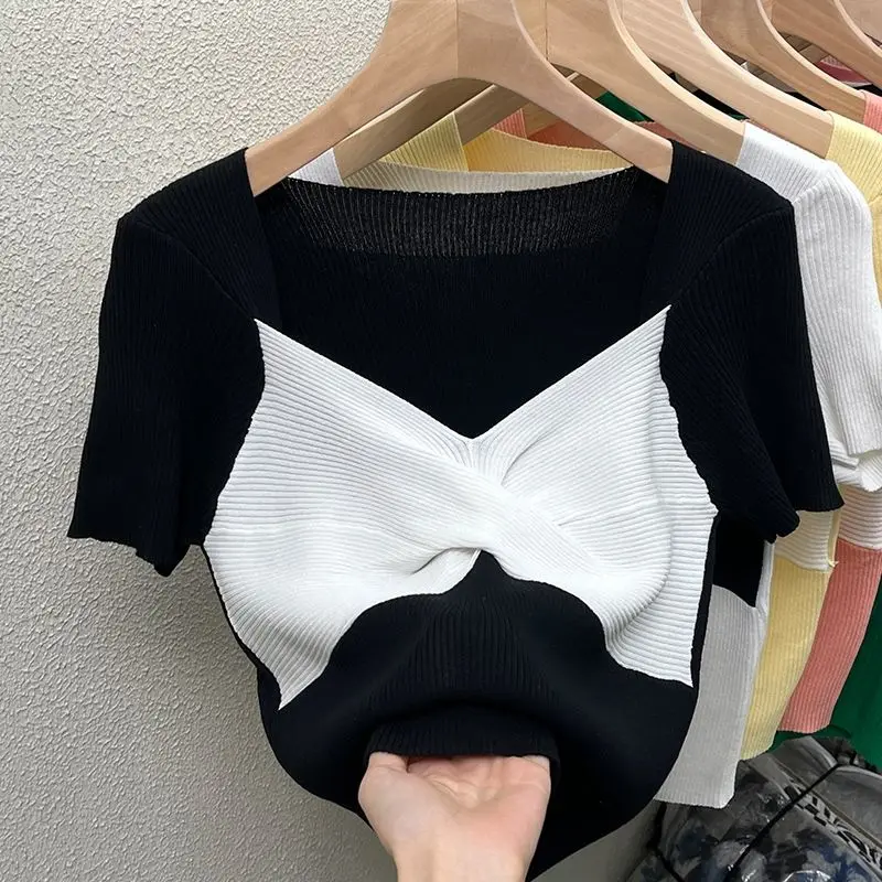 2024 Summer New Sexy V-neck Tees Women's Bodycon Hotsweet Chic Spliced Color-blocked Ruched Short Sleeve Knitted T-shirts Tops