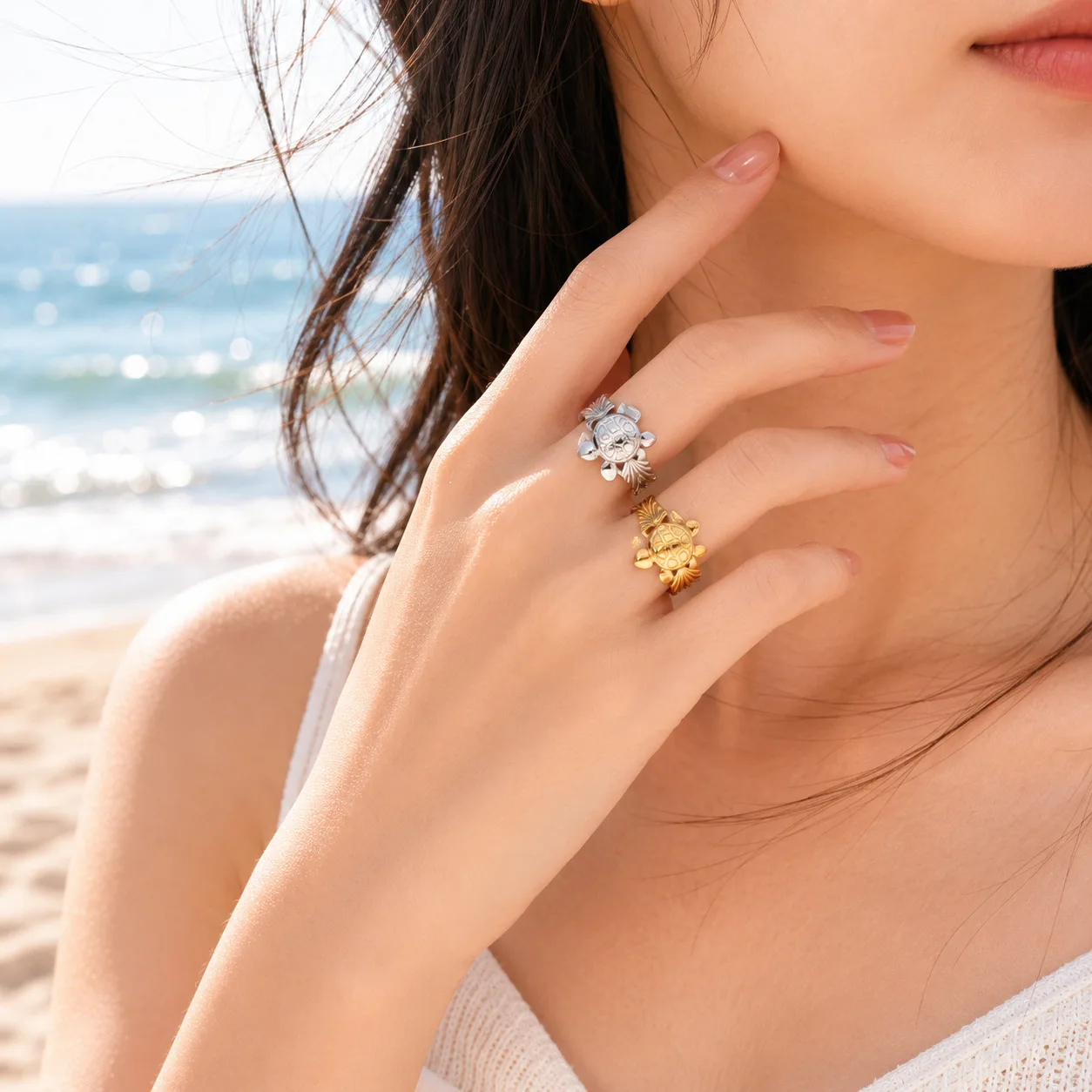 1pcs summer fashion trend personalized turtle shell metal ring suitable for women's daily party and vacation wear, Women Jewelry Set Necklace Earrings Studs Ring Bracelet Anklet Boho Fashion Accessories
