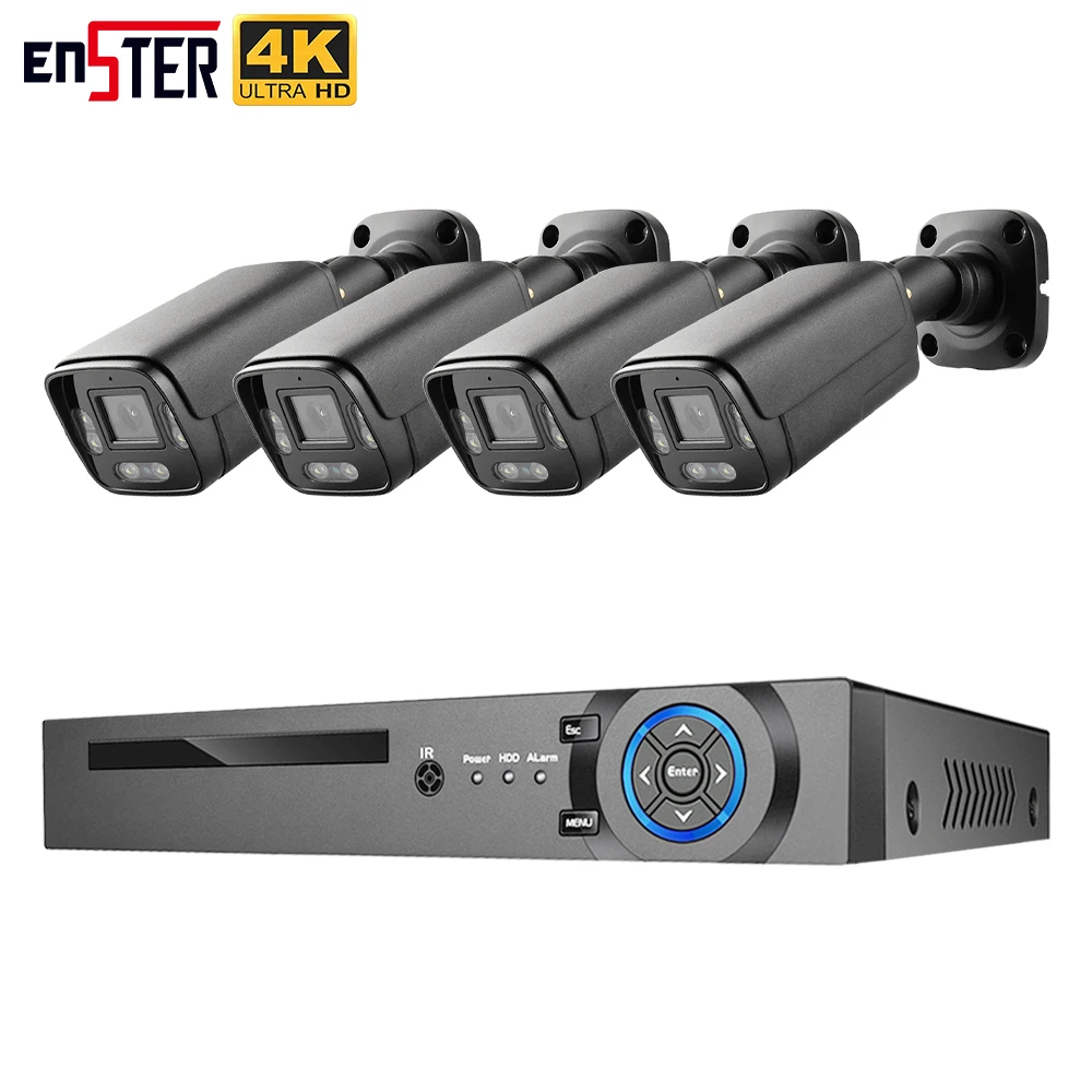 ENSTER Full color 4 Channels Outdoor Face Detection H.265 4K 8MP Wired POE IP Network Security Home CCTV Camera System