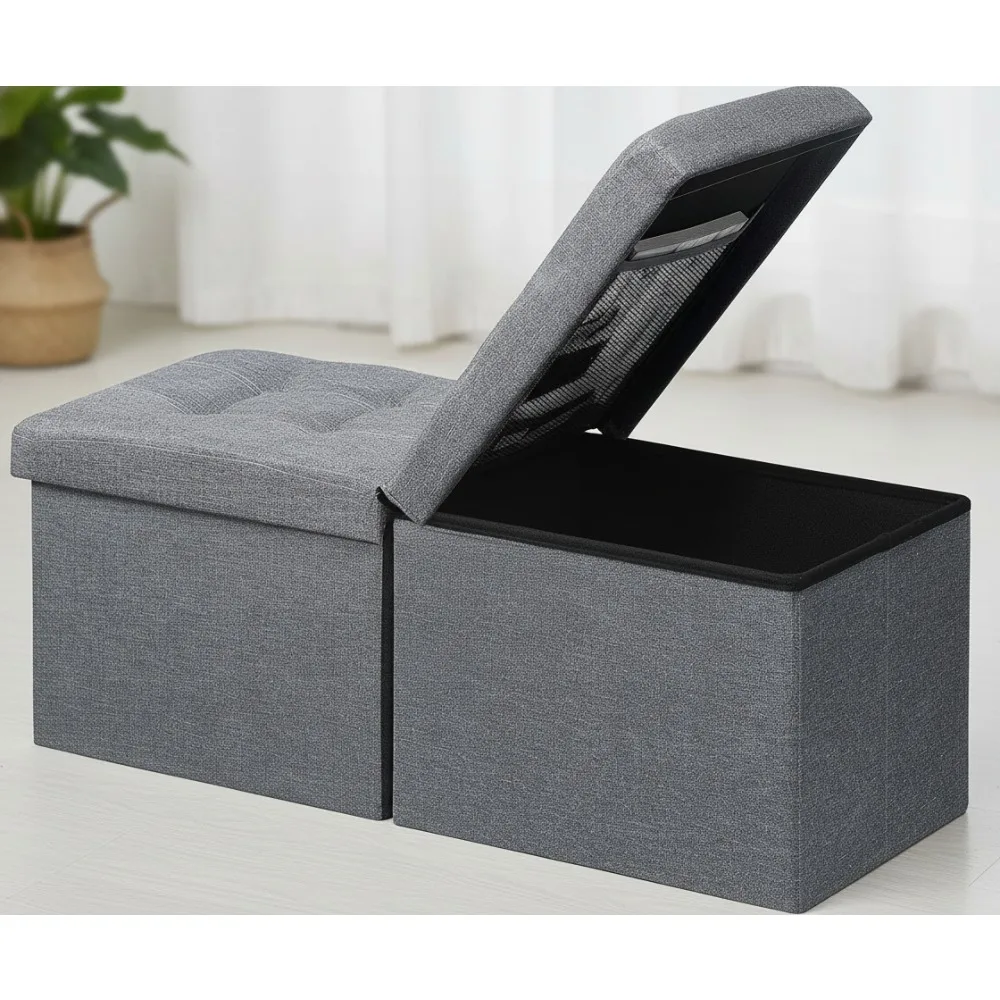 

34-дюймовая складная османская скамейка для хранения, серая льняная подставка для ног, табурет для гостиной, спальни