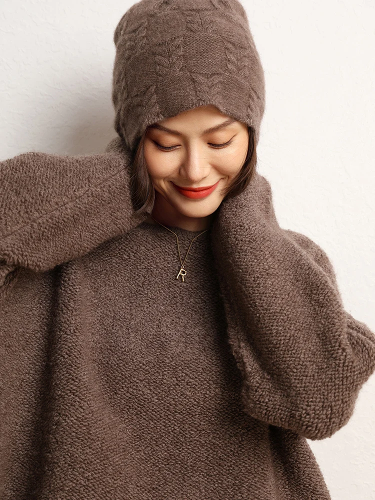 秋冬新作 レディース 100%カシミヤ ケーブル編み帽子 暖かいプルオーバーキャップ カジュアル シンプルスタイル 高品質カシミヤ帽子 トップス