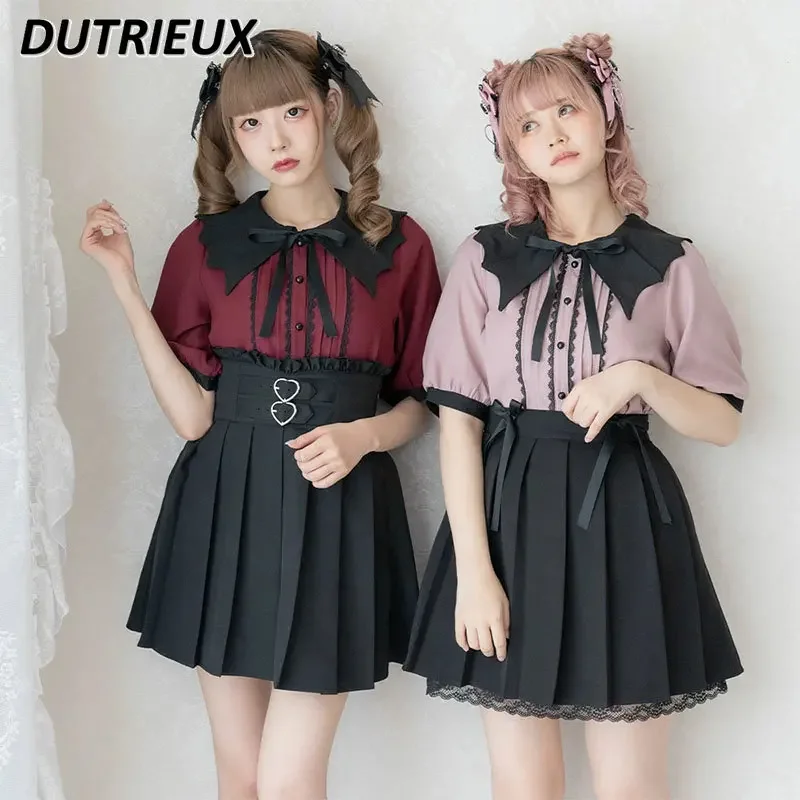 Japanese Style Mine Series Bat Collar Bow Elegant Short Sleeve Shirt Lolita Summer Women Top Summer Fashion Casual Blouse Female