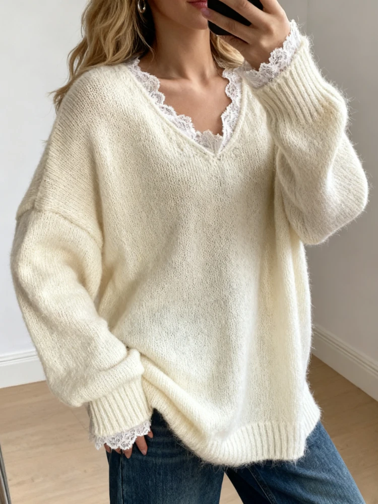 

New Chic V-neck Lace Lace Women's Long-sleeved Sweet Sweater Elegant Loose Fashion Knitted Autumn and Winter Pullover Shirt
