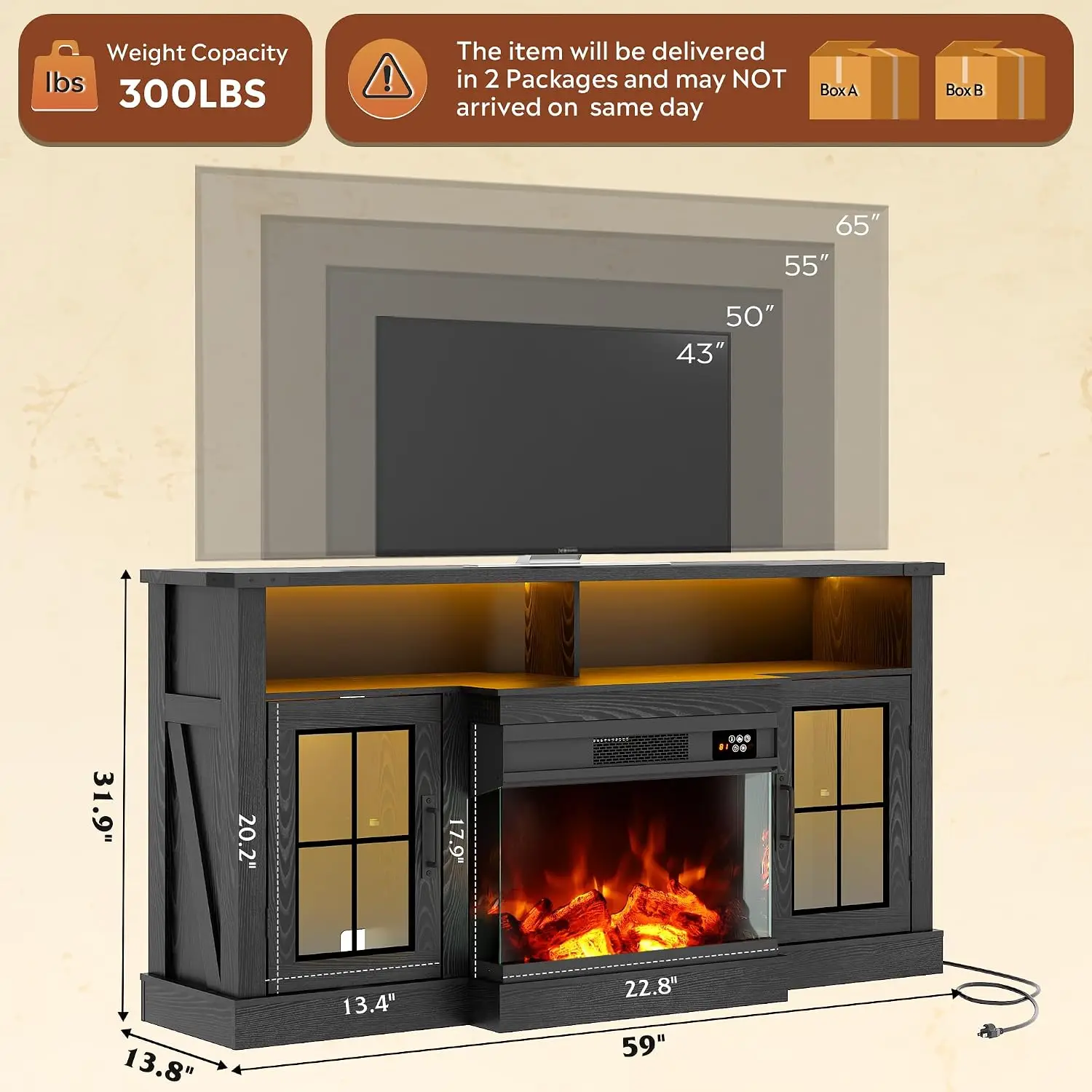 3-Sided Glass Electric Fireplace TV Stand 65 Inch TV 14 Flame Colors & LED Storage Cabinets Media Console Living Room Bedroom