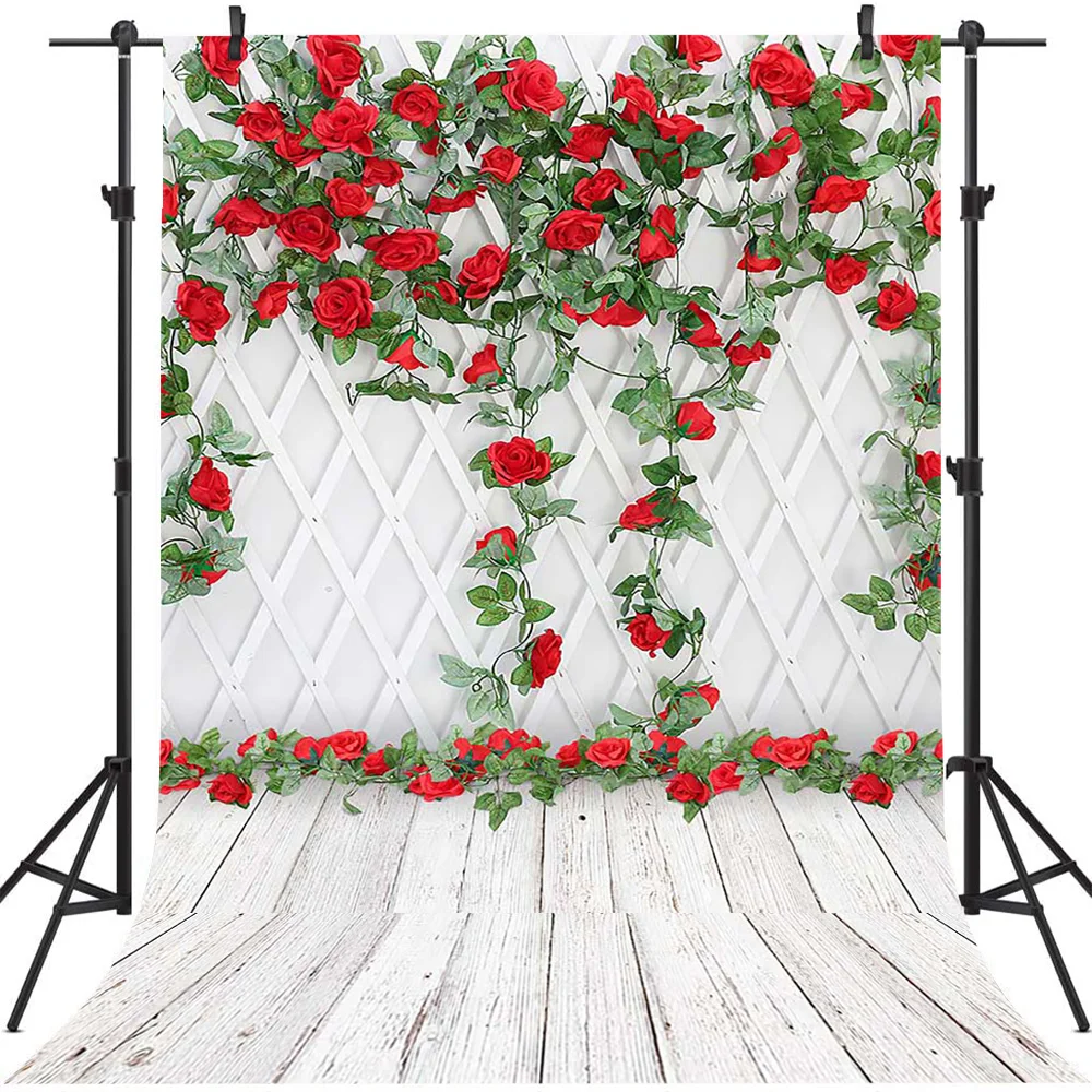 Rose Flower Backdrop White Wood Floor Valentine's Day Photo Background Love Fence Wall Photoshoot Props Decoration