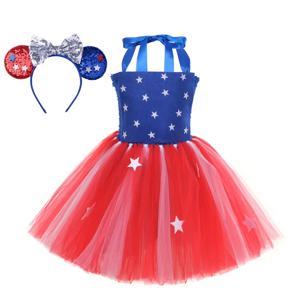 

US Independence Day Carnival Costumes for Girls American Festivals Fancy Tutu Dress for Holiday Party Outfit with Hairbow