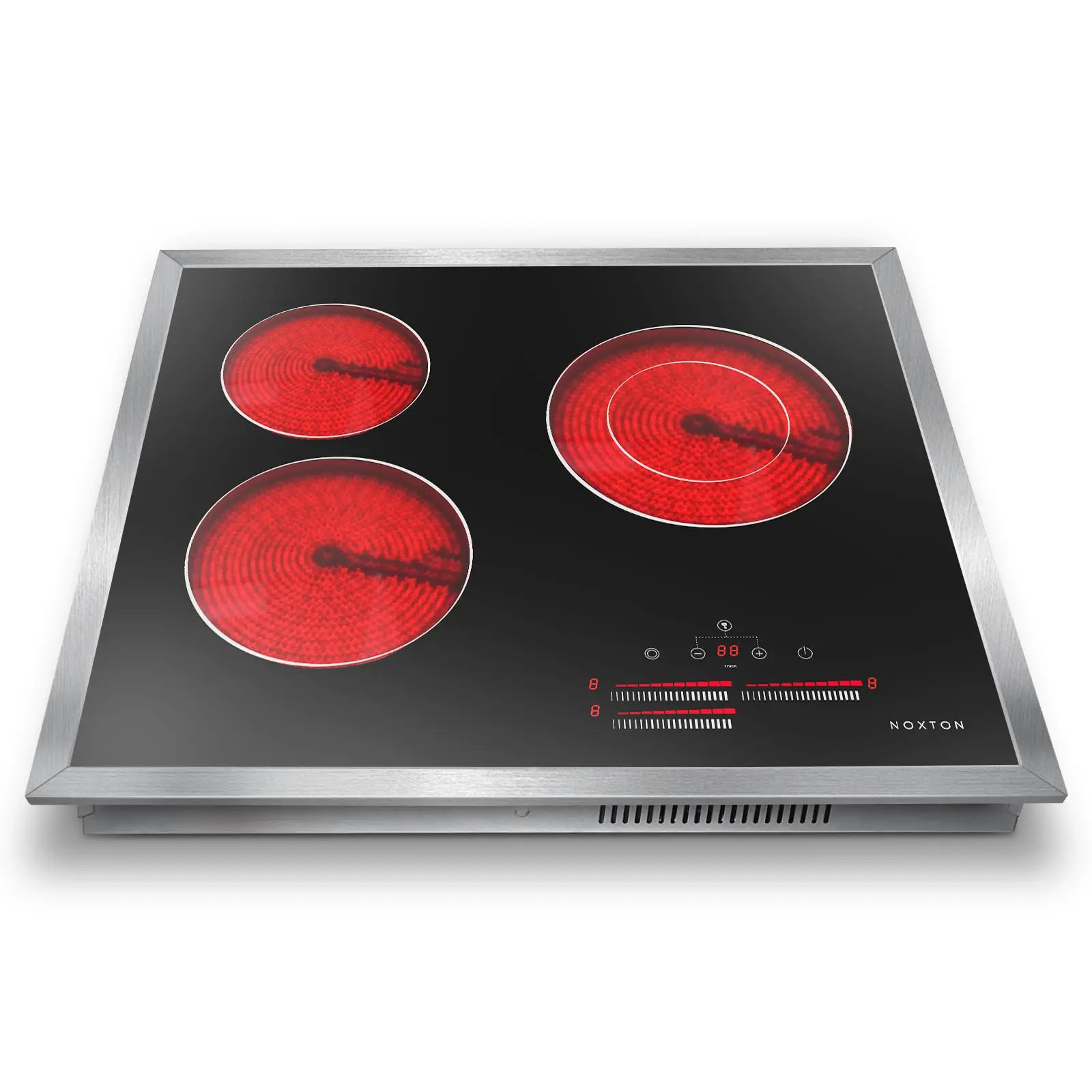 

Noxton 24 Inch Electric Cooktop, 3 Burner Built-in Radiant Stove Top, Stainless Steel Frame, Dual Zone Ceramic Glass Hob, 240V