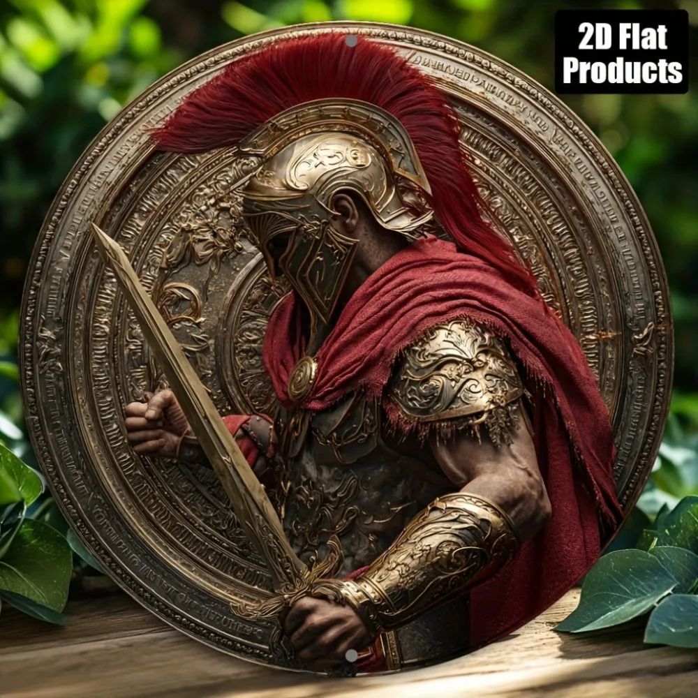 2026 2D Flat Vintage Roman Gladiator Spartan Warrior Helmet Red Cape Sword Shield Fantasy Celtic Retro Rustic Round Wooden Si