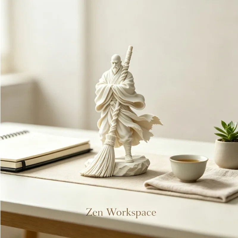 Zen Oriental Monk Figurine with Broom Flowing Robe Elder Sculpture Chinese Style Resin Statue for Tea Room Meditation Table