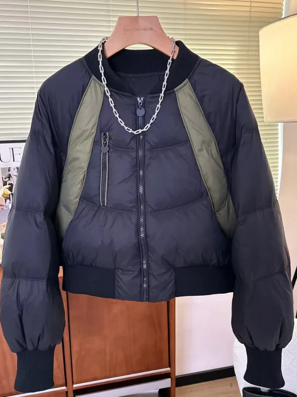 

Short Cotton Jacket Women's Fashionable round Neck Long Sleeve Color Block Winter Outerwear Korean Style Loose Fit Zipper Clo...