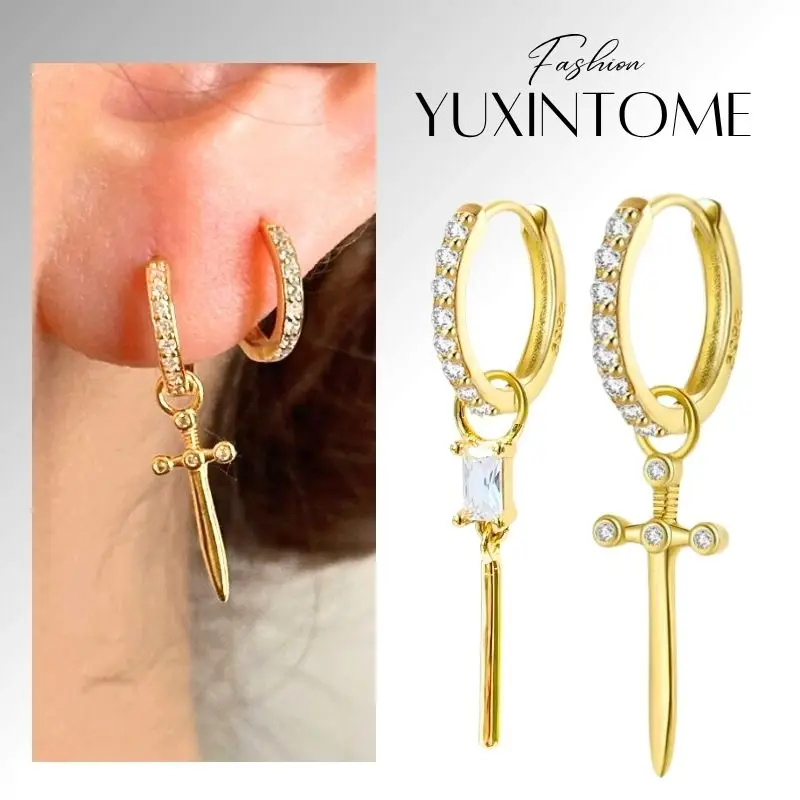 

925 Sterling Silver Needle Punk Cross Pendant Earrings Fashion Square Zircon Hoop Earrings for Women Luxury Jewelry Gifts