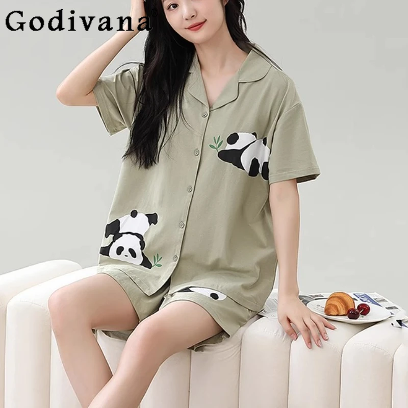 

2025 Summer XXL-5XL Cute Cotton New Panda Print Shorts Pajamas Set Sweet Girls Turn-down Collar Cartoon Short Sleeve Home Wear