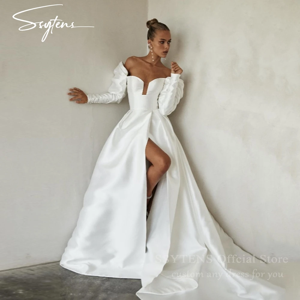 

SSYTENS Vintage Off The Shoulder A-Line Lace Bride Gown Sweetheart Neck Satin Slit Lace Up Back Wedding Dresses Women Customized