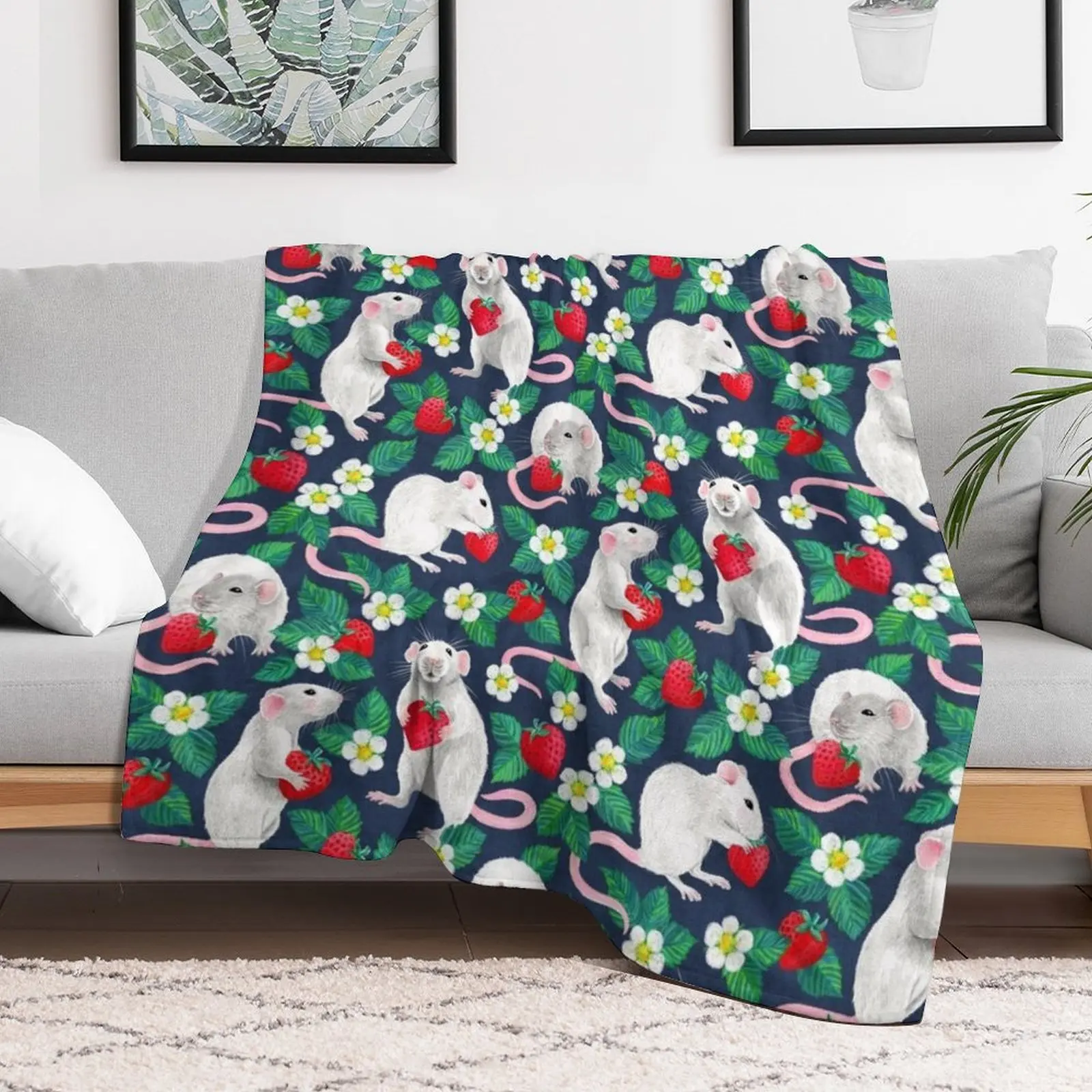 Rats Love Strawberries on navy blue Throw Blanket Plush decorative Warm Designers Blankets