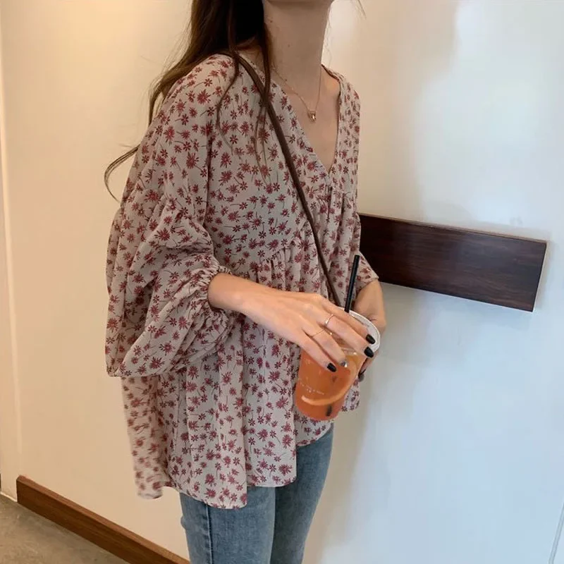 V-neck Chiffon Shirt Women Sweet Tops Blouse 2024 Spring New Korean Floral Print Long Sleeve Casual Loose Slim Lady Clothes 9307