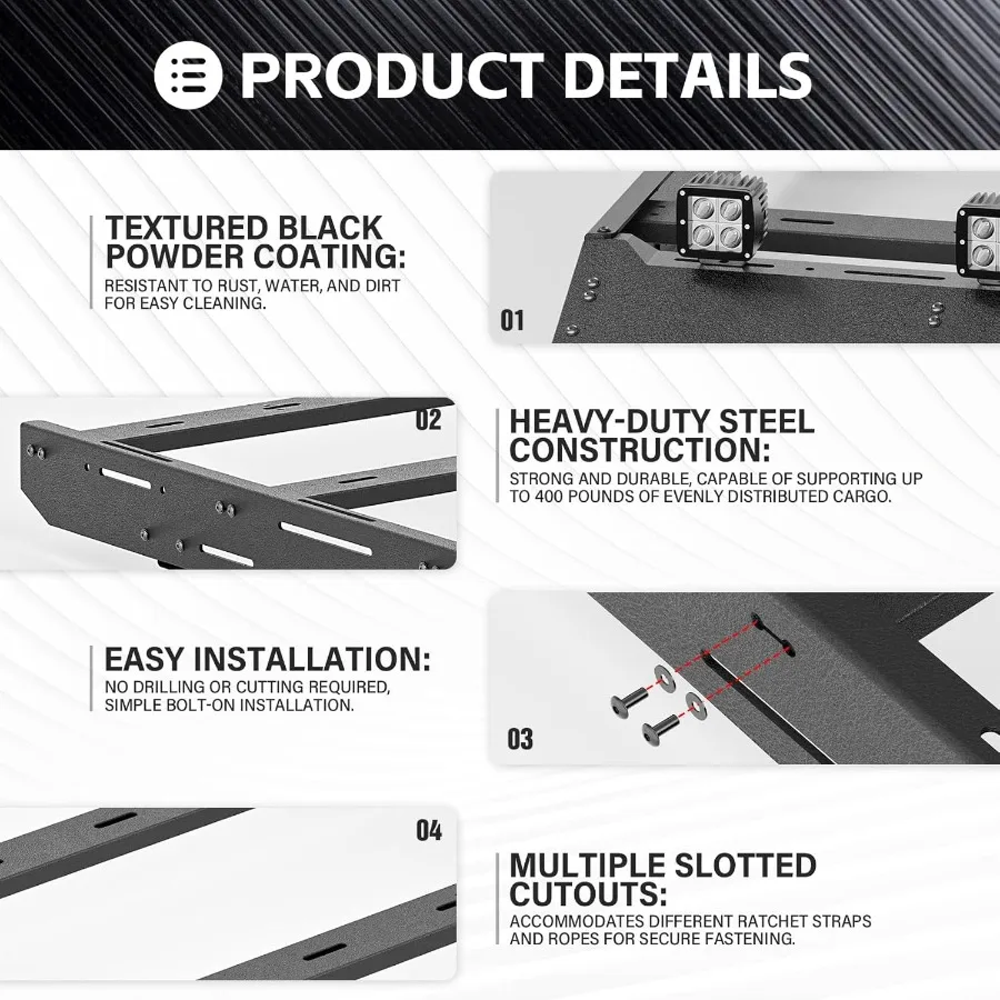 سلة شحن لرف السقف العلوي من تاكوما مع أضواء LED متوافقة مع 20242025 Tacoma Double Cab Crew Cab 4th Gen Truck Cargo C