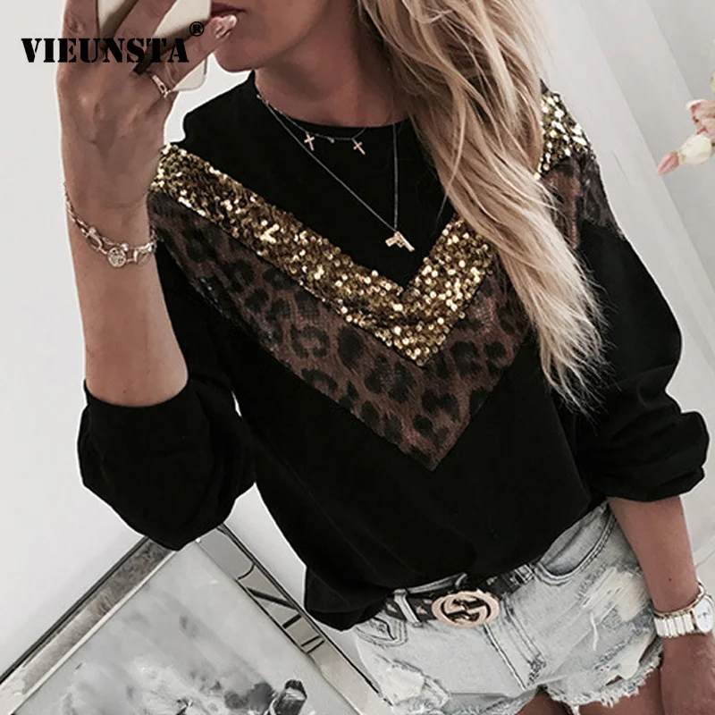 Women Sequins Lips Print Fashionable Sweatshirt Autumn Leopard Long Sleeve Beading Hoodie Lady O-neck Kawaii Sweatshirt Hoodies