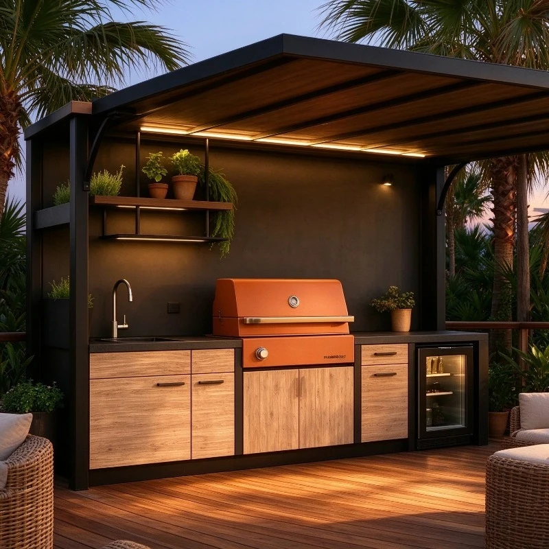 FL Customized Outdoor Kitchen Cooking Station with Sink Stainless Steel Freestanding BBQ Counter Grill Drawer Storage for Garden