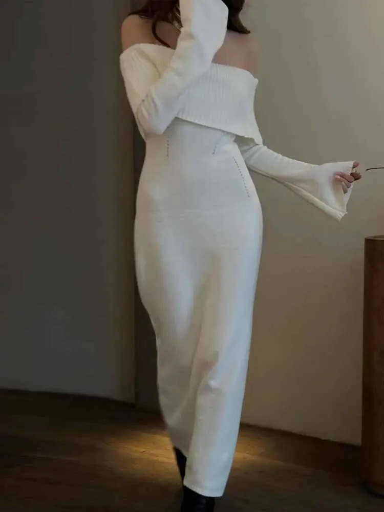 MCDV Abito sexy in maglia con spalle scoperte Abito lungo aderente a maniche lunghe con spacco 2025 Abiti lunghi da festa eleganti autunnali