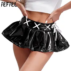 Womens Wet Look Mini Skirt Patent Leather Pleated Skirt Cross Lace-up Ribbon Invisible Zipper Rave Party Clubwear Stage Costume