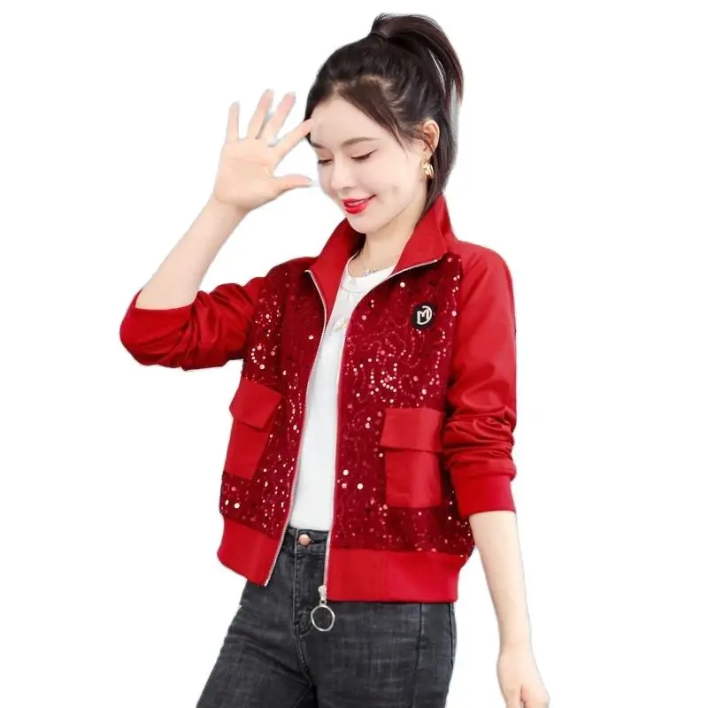 

2023 Spring Women Red Chic Small Fragrance Short Coat Trendy Fashion Korean Loose High-end Splicing Sequin Jacket Female Top