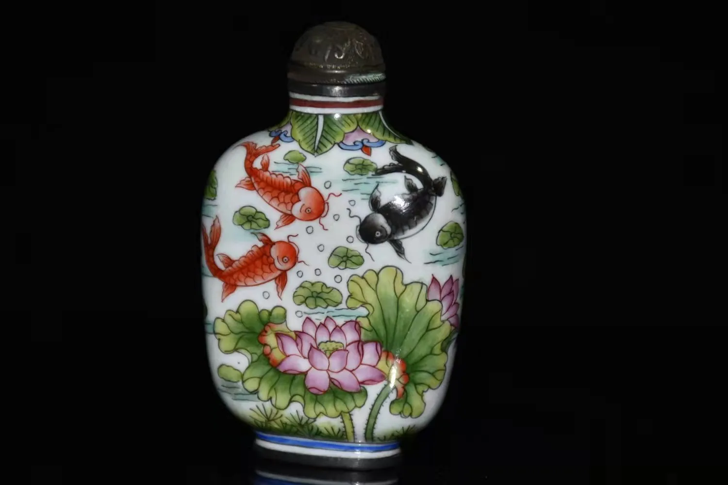 

collections Qing Dynasty old copper enamel color snuff bottle,landscape pattern,lotus & fish