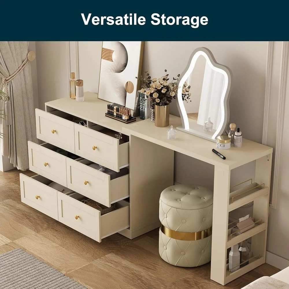 67 مكتب زينة للمكياج قابل للتوسيع مع أدراج و3 أرفف، مجموعة طاولة تزيين خشبية لغرفة النوم، بيج #5