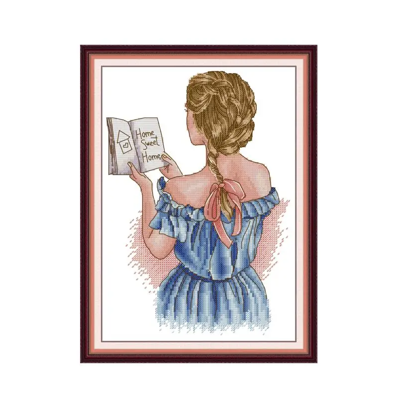 

Назад девушки читает книгу, набор для вышивки крестом 14ct 11ct, принт, холст, ручное шитье, вышивка крестиком, рукоделие