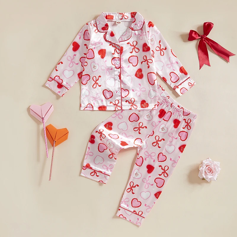 Kids Girl Two Piece Valentines Day Pajamas Set Silk Satin Hearts Long Sleeve Pjs Tops Pants Valentines Sleepwear 1-7Y