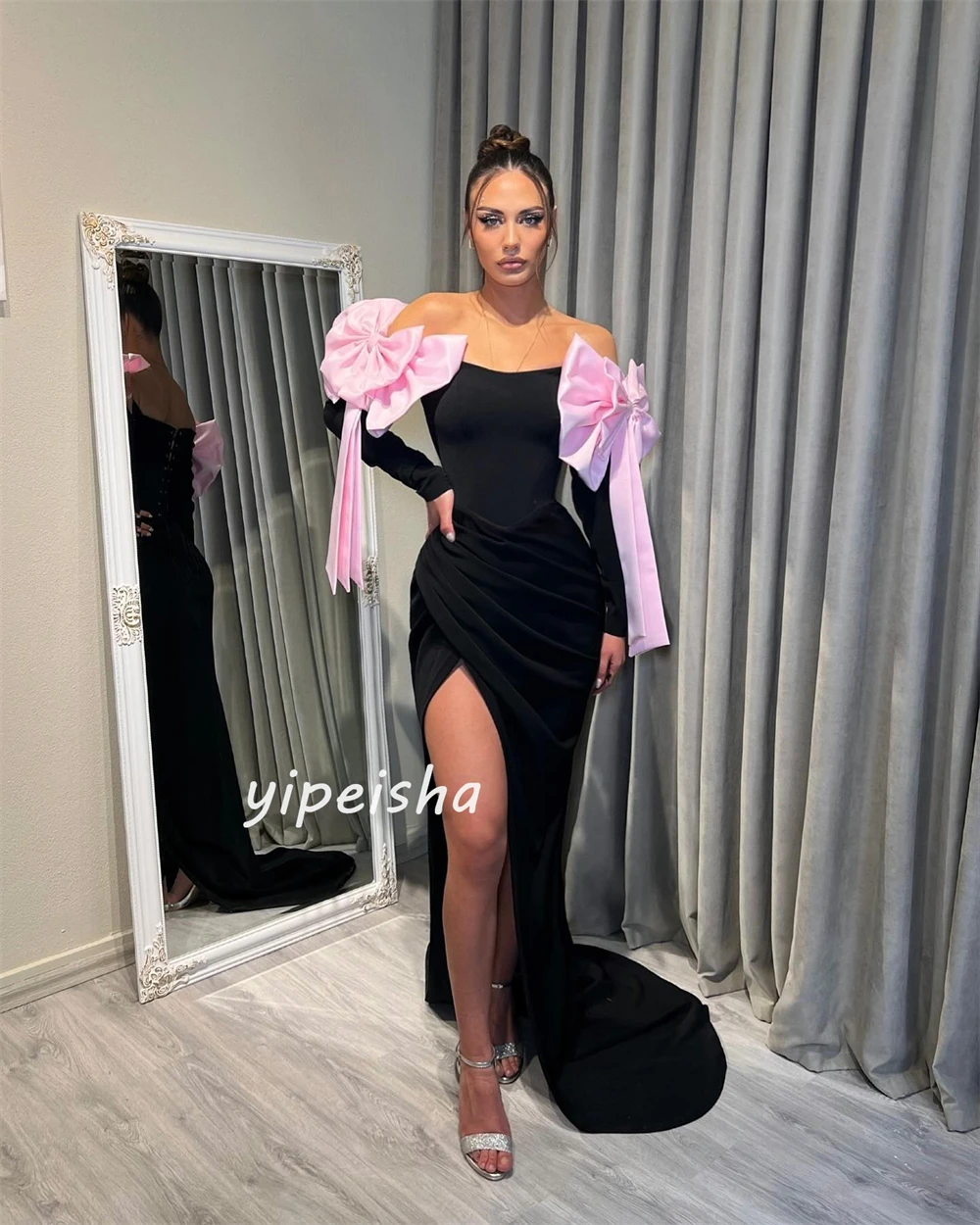 Jiayigong   Sexy Casual  Jersey Bow Pleat Prom A-line Off-the-shoulder Bespoke Occasion Gown Long Dresses