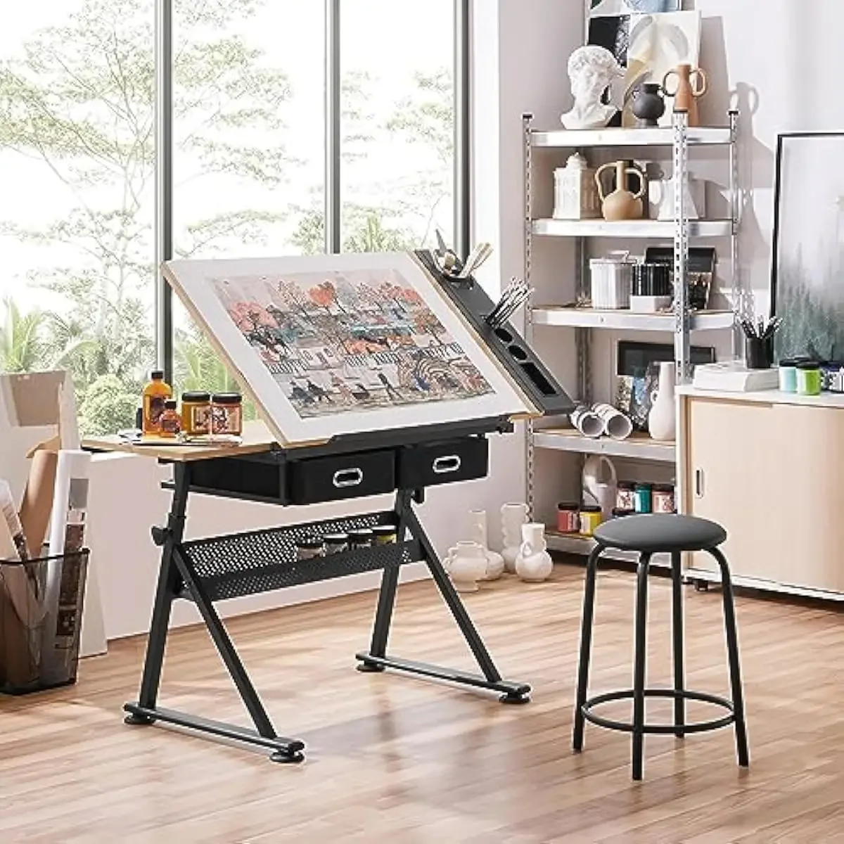Adjustable Height Drafting Desk with 0-60 Degree Tilt Mechanism Wooden Top Metal Frame Modern Art Workstation Featuring Pencil L